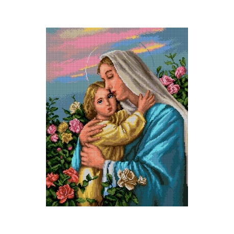 Haft krzyżykowy - do wyboru: kanwa z nadrukiem, nici Ariadna/DMC, wzór graficzny - Maryja z dzieciątkiem  (7325)