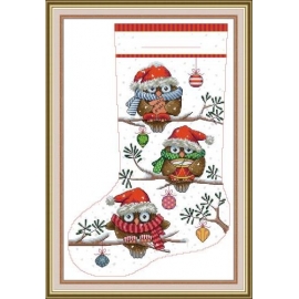 Haft krzyżykowy - Świąteczna skarpeta z -sówkami - kanwa z nadrukiem