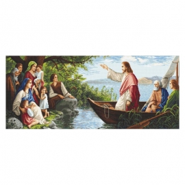 Haft krzyżykowy - do wyboru: kanwa z nadrukiem, nici Ariadna/DMC, wzór graficzny - Słuchając Jezusa (No 10614) 