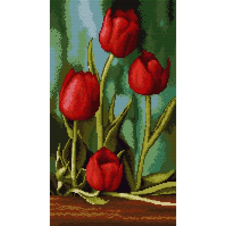 Haft krzyżykowy - do wyboru: kanwa z nadrukiem, nici Ariadna/DMC, wzór graficzny - Czerwone tulipany - 7360