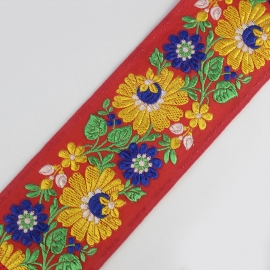 Taśma haftowana w kwiaty - czerwona - 7 cm