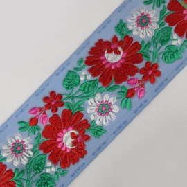 Taśma haftowana w kwiaty - niebieska - 7 cm