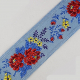 Taśma haftowana w kwiaty - niebieska - 5,5 cm