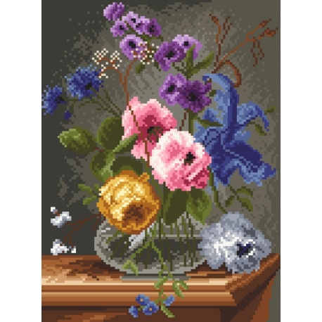 Haft krzyżykowy - do wyboru: kanwa z nadrukiem, nici Ariadna/DMC, wzór graficzny - Kwiaty w szklanym wazonie (No 94039) VI
