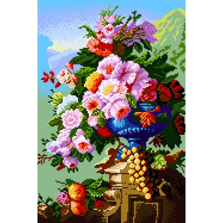 Haft krzyżykowy - wybór: kanwa z nadrukiem, nici Ariadna/DMC, wzór graficzny -  Kwiaty na patio wg Pierre Bourgogne (No 5177) VI