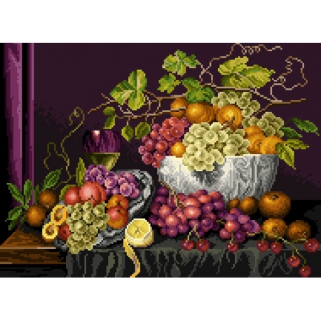 Haft krzyżykowy - do wyboru: kanwa z nadrukiem, nici Ariadna/DMC, wzór graficzny - Martwa natura - waza z owocami (No 7083) VI