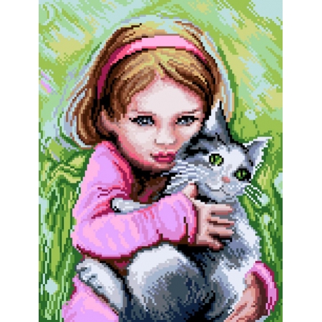 Haft krzyżykowy - do wyboru: kanwa z nadrukiem, nici Ariadna/DMC, wzór graficzny - Dziewczynka z kotkiem (No 7138)