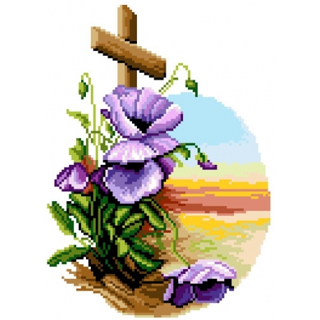 Haft krzyżykowy - do wyboru: kanwa z nadrukiem, nici Ariadna/DMC, wzór graficzny - Krzyż z kwiatami (No 7173)