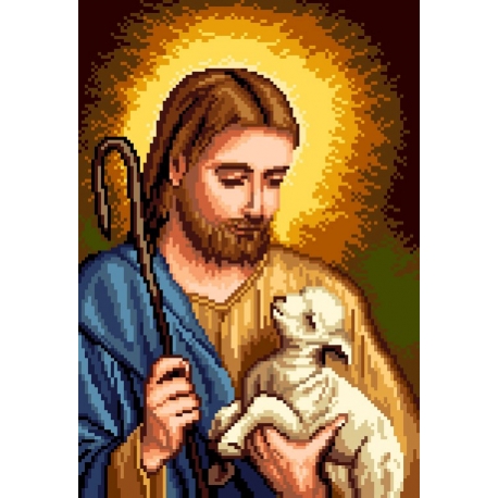 Haft krzyżykowy - do wyboru: kanwa z nadrukiem, nici Ariadna/DMC, wzór graficzny - Jezus Chrystus z owieczką (No 7176) VI