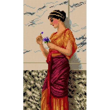 Haft krzyżykowy - do wyboru: kanwa z nadrukiem, nici Ariadna/DMC, wzór graficzny - Kobieta z kwiatkiem (No 7275)