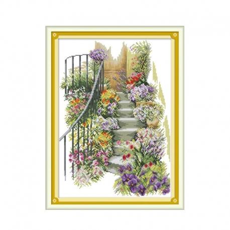 Haft krzyżykowy - Kwiaty na schodach - zestaw do haftu