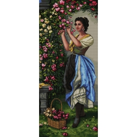 Haft krzyżykowy - do wyboru: kanwa z nadrukiem, nici Ariadna/DMC, wzór graficzny - Kobieta z kwiatami wg H. Zatzka (No 7169) VI